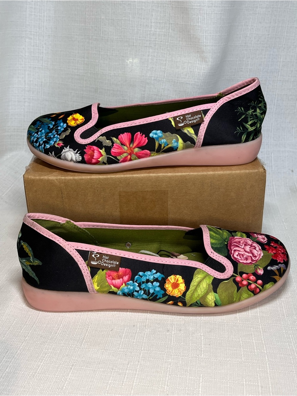 Hot Chocolate Design Floral Slip-On Flats Black Pink Botanical Print EU 36 - Picture 2 of 6